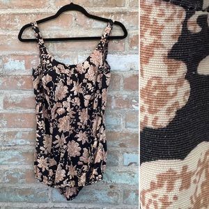 Vintage 50s Swimsuit One Piece Black Brown Floral MCM Modest Bathing Pinup M